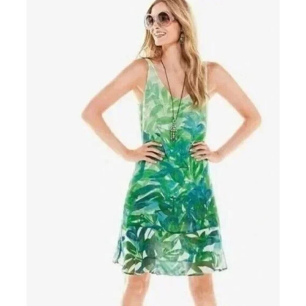 CAbi Castaway Frond Tropical Slip Dress Green Knee Length Style 5235 Size XS